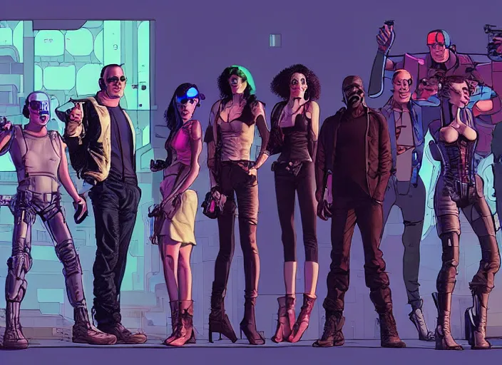 Prompt: cyberpunk heist crew. portrait by stonehouse and mœbius and will eisner and gil elvgren and pixar. character design. realistic proportions. dystopian. cyberpunk 2 0 7 7, apex, blade runner 2 0 4 9 concept art. cel shading. attractive face. thick lines. hi def 4 k. the team. detailed characters.