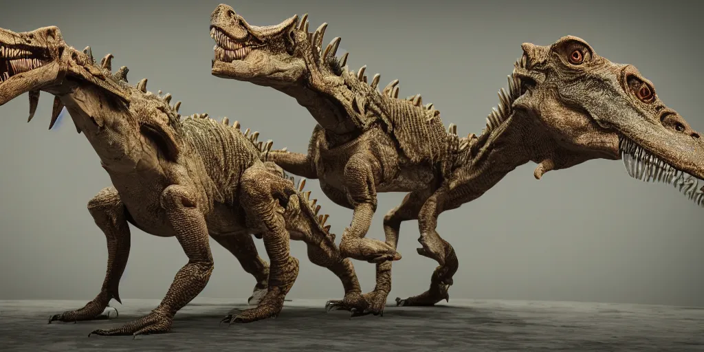 Image similar to extremely detailed award winning 3D octane render of cyborg dinosaurs in a lab