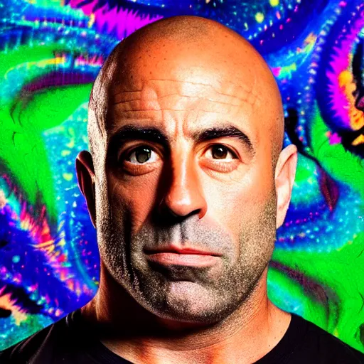 Image similar to a portrait of joe rogan with a psychedelic background with bokeh