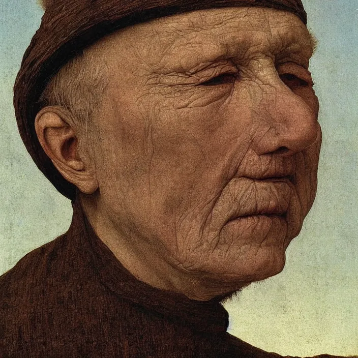 Image similar to close up frontal portrait of a dying old woman. thistle, clear gradient sky. jan van eyck