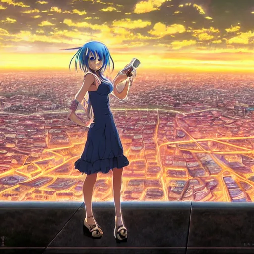 Prompt: closeup of an Anime girl with an transparent Aguardiente Cristal Sin Azucar bottle in her hand with the city of Armenia Quindio in the background, Artwork by Makoto Shinkai, official media, 8k, pixiv, high definition, wallpaper, hd, digital artwork