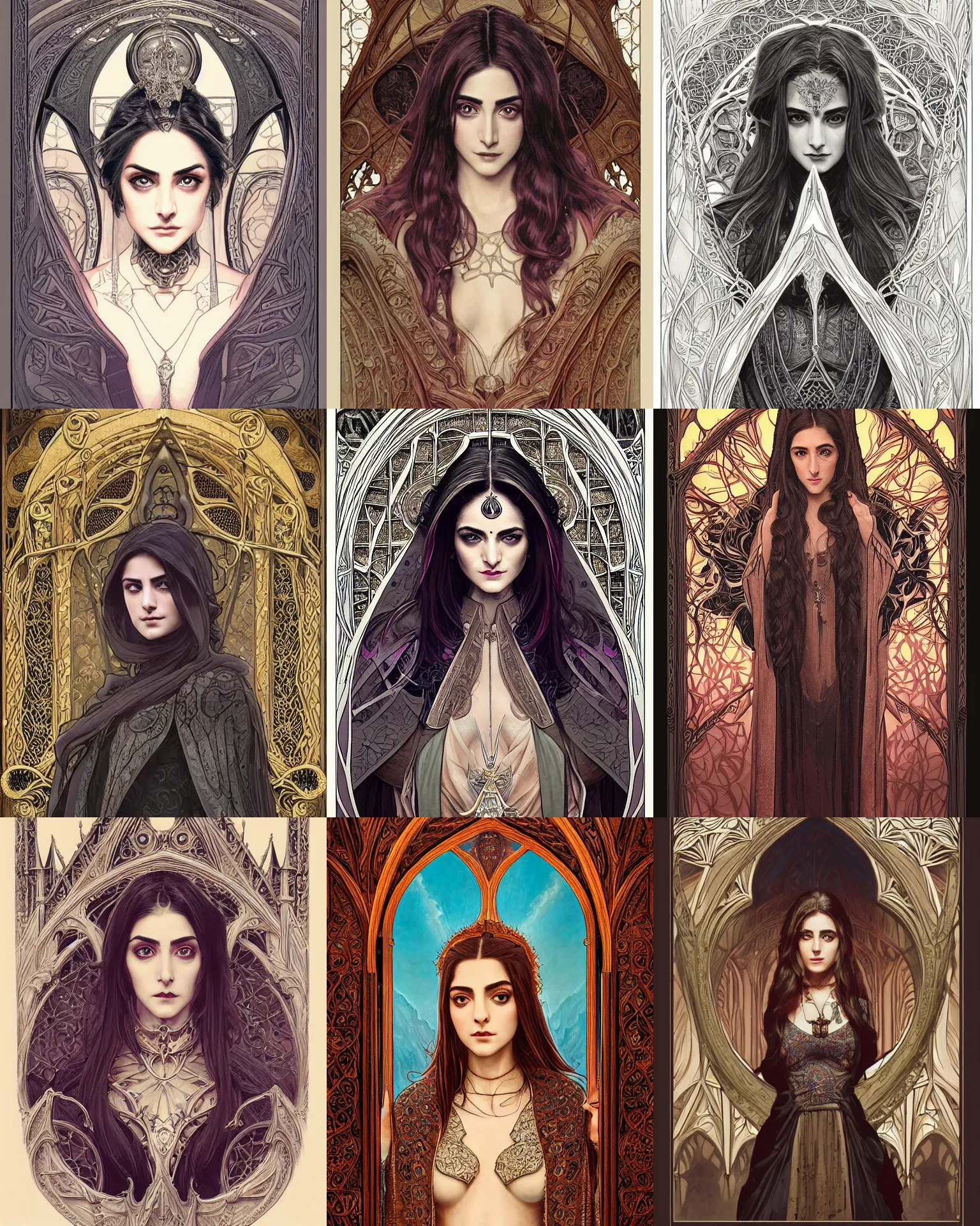 Prompt: masterpiece symmetrical centered bust-view portrait, Maya Ali as D&D sorcerer, one head portrait, Neo-Gothic, Art Nouveau style, cell shaded, wizard robe, fantasy, delicate, elegant, in the style of Greg Rutkowski and Moebius and Mohrbacher and ROSSDRAWS and Ross Tran and Alphonse Mucha and Ayami Kojima and Charlie Bowater and Jean Delville, Pre-Raphaelite, tarot card style, cinematic specular lighting, rich bright colours