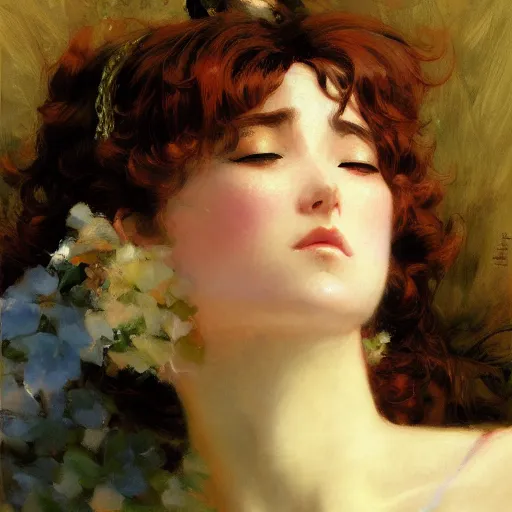 Prompt: detailed portrait of an anime girl graceful, anna karenina, eyes closed, painting by gaston bussiere, craig mullins, j. c. leyendecker