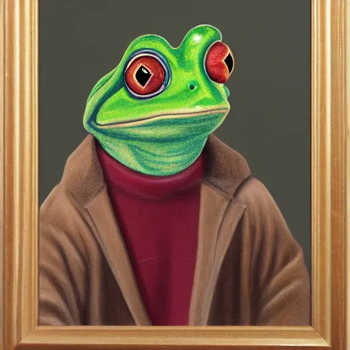 Image similar to a cartoon drawing of a frog wearing cristian clothes, portrait, oil paint, renaissance, 4 k