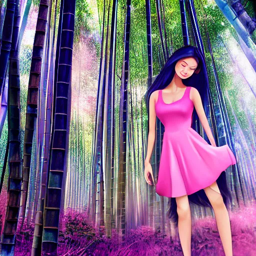 Prompt: A young beautiful giantess with a pretty face,she has green eyes, a cute nose and pink lips,she is wearing a sundress and sandals, walking in a bamboo forest ,detailed body and eyes,proper anatomy, beautiful lighting,,digital art , highly detailed , high contrast, beautiful lighting, award winning , trending on art station, 8k, photo realistic,unreal engine 5