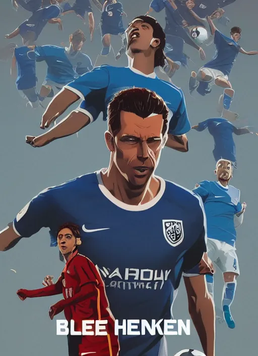 Prompt: soccer show poster by Michael Whelan and Tomer Hanuka, blue jerseys, full of details, by Makoto Shinkai and thomas kinkade, Matte painting, trending on artstation and unreal engine