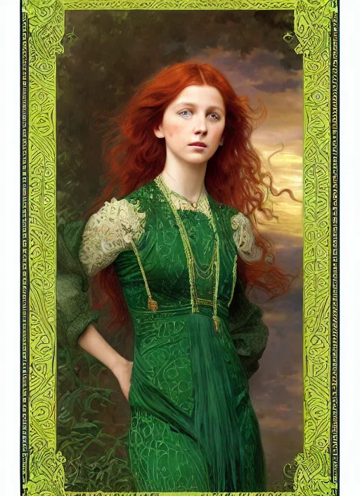 Image similar to intricate art nouveau portrait oil painting of redheaded young millie bobby brown with long hair blowing in the wind, wearing an intricate green lace dress, highly detailed, intricate golden symmetric pattern background, elegant, digital painting, smooth, sharp focus, illustration, ultra realistic, 8 k, by bouguereau, alphonse mucha, artgerm, and donato giancola