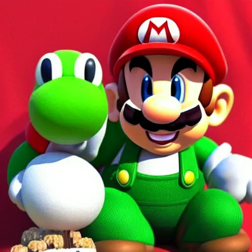 Prompt: hyper-realistic super mario character with realistic mushrooms, goombas and toad. and a realistic yoshi.