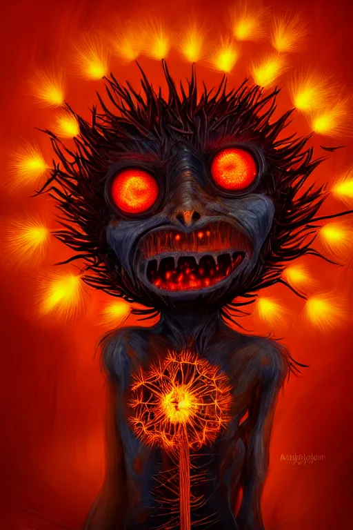 Prompt: a glowing humanoid figure dandelion monster with large glowing eyes, surrounded by blazing orange, highly detailed, digital art, sharp focus, trending on art station, artichoke, anime art style