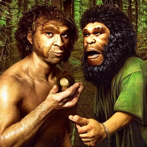 Prompt: one neanderthal saying bruh to another, holding a mushroom, both shocked