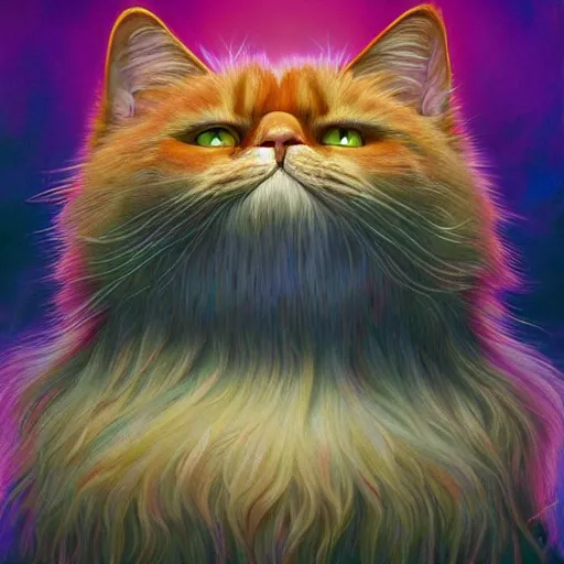 Prompt: colossal fluffy cat, by alex grey, fantasy, vivid colors, sharp focus, digital art, hyper - realistic, 4 k, unreal engine, highly detailed, hd, dramatic lighting by brom, trending on artstation