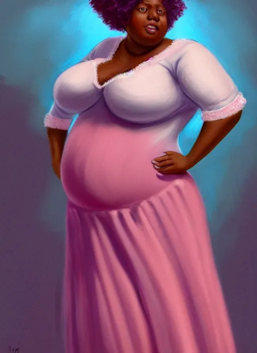 Image similar to full body portrait, teenage vanessa morgan, pink hair, dark skin, obese, curly pixie hair, sultry, realistic, short hair, hoop earrings, skirt, shirt, fat, belly, intricate, elegant, highly detailed, digital painting, artstation, concept art, smooth, sharp focus, illustration, art by wlop, mars ravelo and greg rutkowski