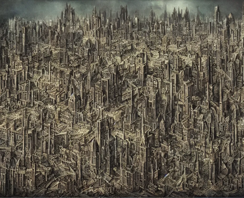 Image similar to a city of archologies in the style of Dystopian gothic surrealism painting