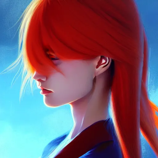 Image similar to portrait of asuka langley soryu, background, intricate, elegant, highly detailed, digital painting, artstation, concept art, smooth, sharp focus, illustration, by anato finnstark, boissb - blanca. j, cindy avelino, clint cearley, anna podedworna