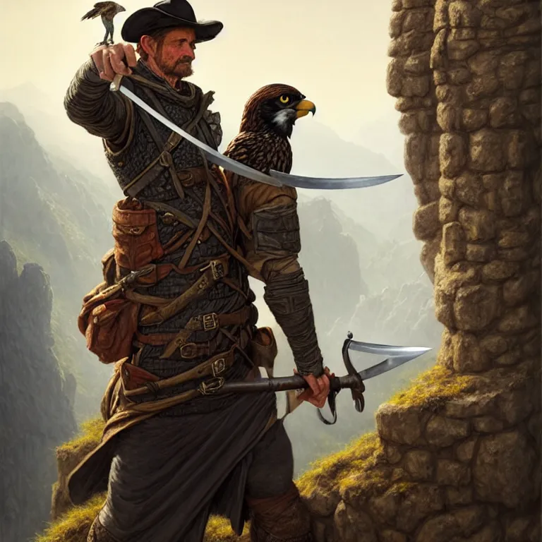 Image similar to middle age ranger with rugged expresions falcon pet on his sholder holding a long sword, top a cliff observing old ruins of a castle, elegant clothing, photorealistic render, matte patining, highly detailed, artstation, smooth, sharp focus, art by michael whelan, artgerm, greg rutkowski