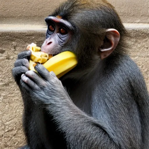 Prompt: a monkey eating a banana beside the pope