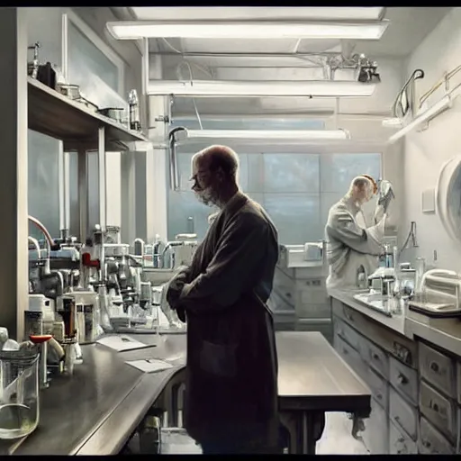 Image similar to epic masterpiece of cinematographic hyperrealism where a scientist appears in a laboratory. realistic shaded lighting poster by craig mallismo, artgerm, jeremy lipkin and michael garmash, unreal engine, radiant light, detailed and intricate environment, digital art, art station trends