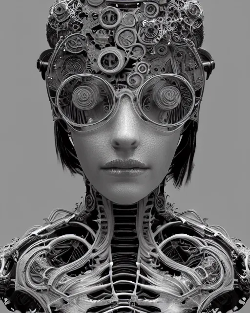 Image similar to mythical dreamy black and white organic bio-mechanical spinal ribbed profile face portrait detail of mechanical beautiful female angelic-vegetal-cyborg, highly detailed, intricate steampunk ornate, poetic, 3D render, digital art, octane render, 8K artistic photography, photo-realistic, by Dora Maar