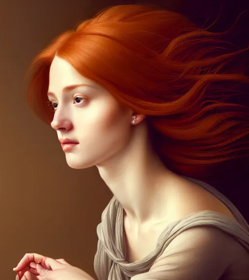 Prompt: portrait of a beautiful auburn - haired woman sitting upon a table with heightened detail, poised, intense emotion, detailed facial expression, detailed surroundings, intricate, elegant, highly detailed, centered, digital painting, artstation, concept art, smooth, sharp focus, illustration, by ( leonardo da vinci ), wlop