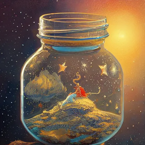 Prompt: a detailed of a glass jar containing stars, by victo ngai and justin gerard, digital art, realistic painting, very detailed, sharp focus, fantasy, dnd, trending on artstation