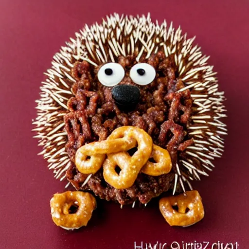 Prompt: A hedgehog made out of ground beef and pretzel sticks.