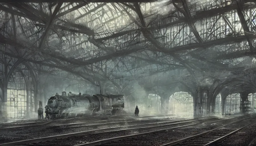 Image similar to Abandoned Dieselpunk railway station, steam, epic composition, intricate, elegant, volumetric lighting, digital painting, highly detailed, artstation, sharp focus, illustration, concept art, ruan jia, steve mccurry