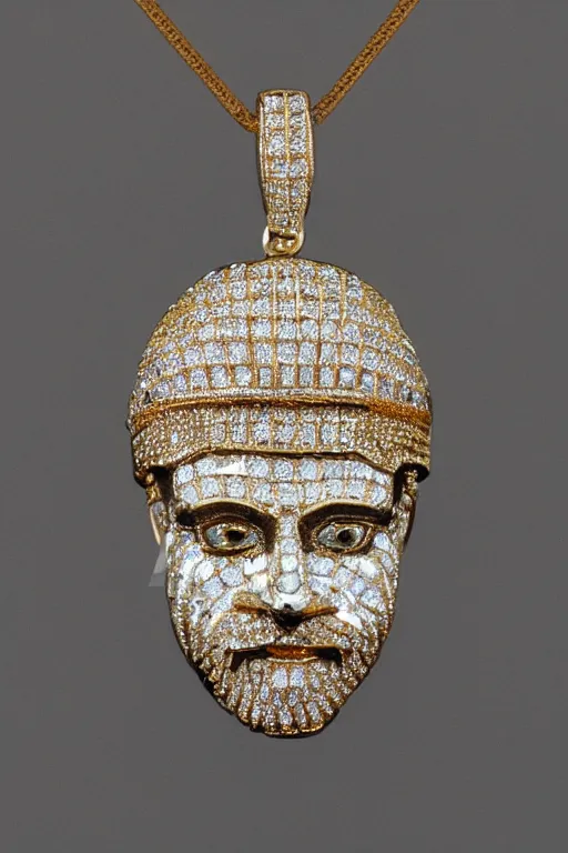 Image similar to diamond and gold pendant made in the shape of jesus's head with diamonds encrusted throughout the face in the style of hip hop jewelry