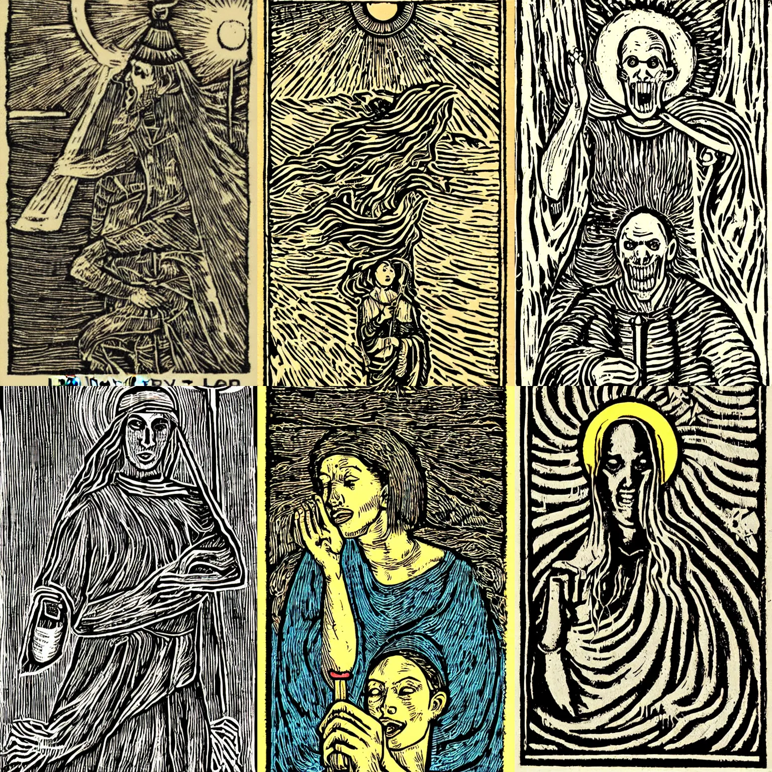 Prompt: let my mouth be ever fresh with praise, bold woodcut art, tarot card, symbolism