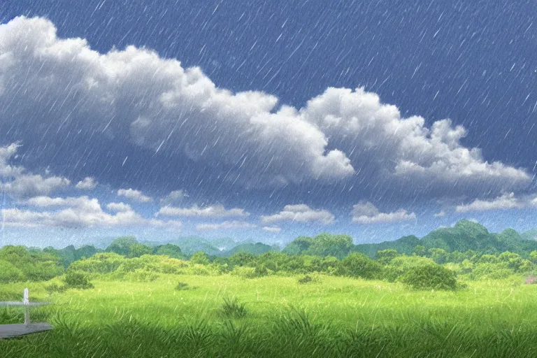 Image similar to landscape, summer, rain, morning, beautiful cloud, quiet, no people, Anime Background, illustration, sharp focus, intricate, super wide angle, trending on artstation, trending on deviantart, pixelart, pixelperfect, pixel art, pixel, color limit, nearest neighbor, hard edges, art of Kirokaze pixel, art of Regular FHC, art of Pixel Jeff Franek, art of Aaron Hain, art of kryssalian