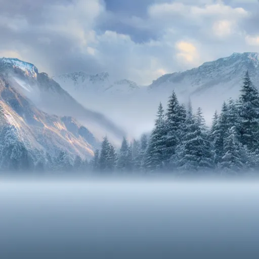 Image similar to tall snowy mountain range, realistic, detailed, fog, award winning photo, sunset, 8 k