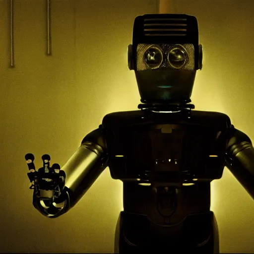 Image similar to movie scene of a man with a robot head, movie still, cinematic composition, cinematic lightning, Movie by David Lynch and Andrzej Żuławski