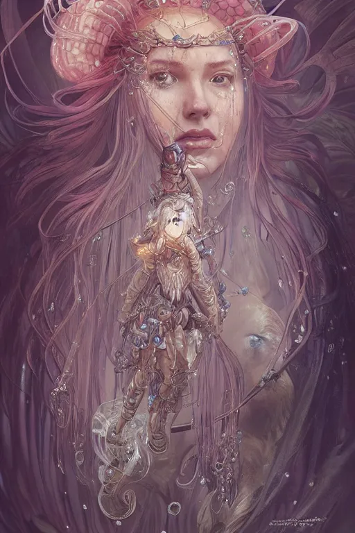 Image similar to a portrait of anthropomorphic jellyfish warrior goddess, D&D, fantasy, intricate, highly detailed, digital painting, artstation, concept art, smooth, sharp focus, illustration, art by artgerm and greg rutkowski and alphonse mucha