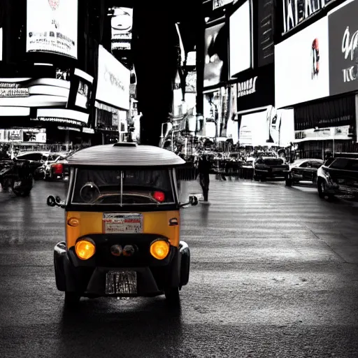 Image similar to a tuk tuk in Times Square at night, luxurious, elegant, highly detailed, award winning photography, moody, dramatic lighting, cinematic, matte painting, concept art, 4k