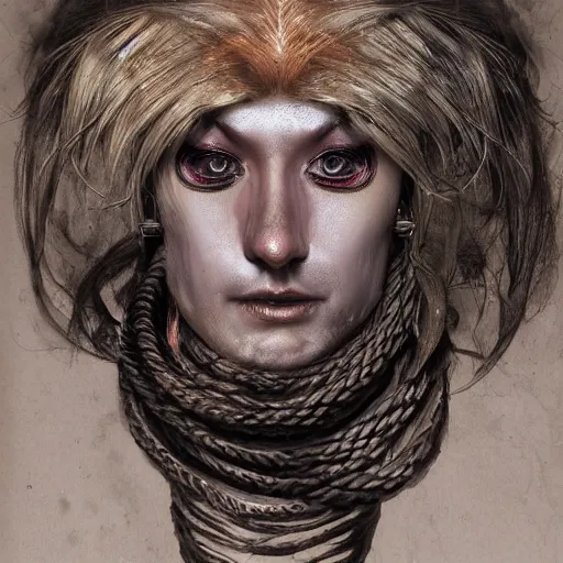 Image similar to portrait of a Shibari rope wrapped face and neck, headshot, insanely nice professional hair style, dramatic hair color, digital painting, of a old 15th century, old cyborg merchant, amber jewels, baroque, ornate clothing, scifi, realistic, hyperdetailed, chiaroscuro, concept art, art by Franz Hals and Jon Foster and Ayami Kojima and Amano and Karol Bak,