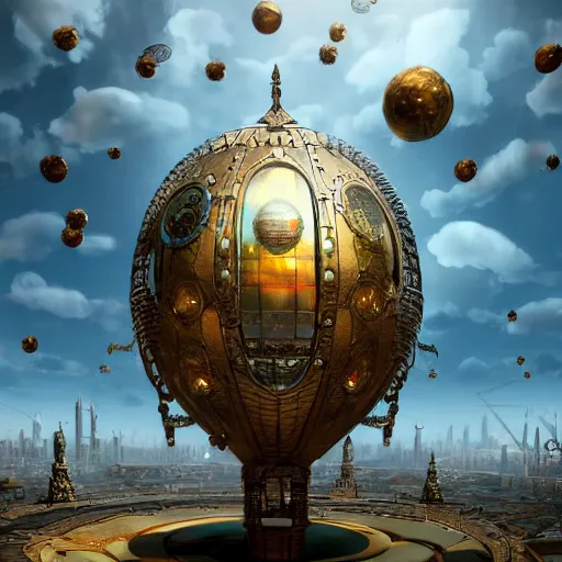 Image similar to enormous flying city in a faberge egg encircled by giant metallic petals, cloudy sky background, steampunk, fantasy art, masterpiece, unreal engine