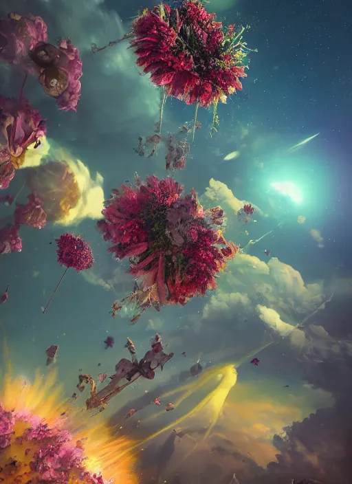 Image similar to An epic fantastic realism comic book style painting of the most beautiful flowers launched into space, bouquets, fisheye lens, unreal 5, DAZ, hyperrealistic, stars in the night sky, octane render, dynamic lighting