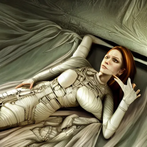 Image similar to photo of the borg queen laying on a bed sideways, pointing softly to the left, the other arm resting behind her head, with long vaporous beige silk sheets and a soft courtain behind. Greenish eerie light, back wall h r giger style, trending in artstation 8k