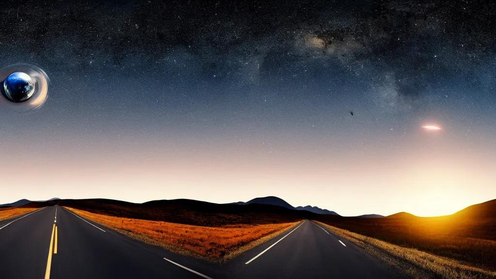 Image similar to open country Road, mountains, sunset, stars, small planet in the sky, realistic, cinematic, 8k