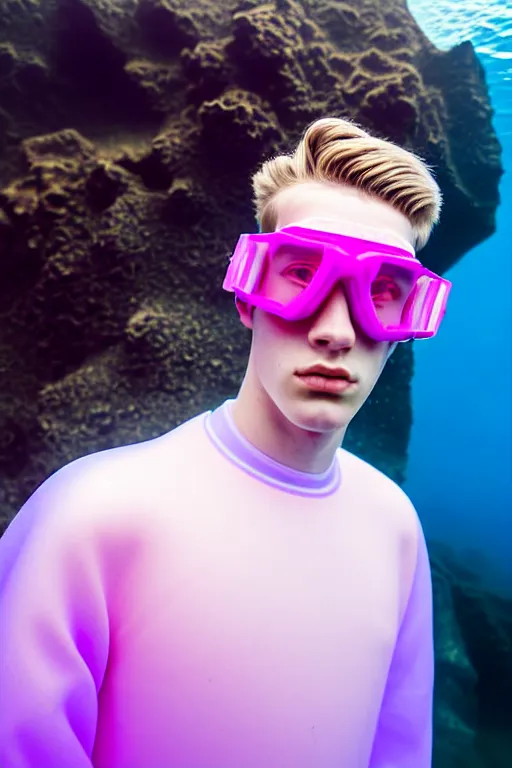 Image similar to high quality pastel coloured film mid angle portrait photograph of a beautiful young 2 0 year old male, soft features, short hair, rubber goggles and oversized inflated clothing!!!! icelandic black! rock pool environment. atmospheric three point light. photographic. art directed. ( pastel colours ). volumetric. clearcoat. waves. 8 k. filmic.