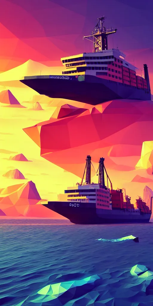 Image similar to super detailed color art, big graphic fishing ship on sunset view with polygonal mountains, unreal engine, high contrast color palette, 3 d render, lowpoly, colorful, digital art, perspective, full volume composition, syd mead