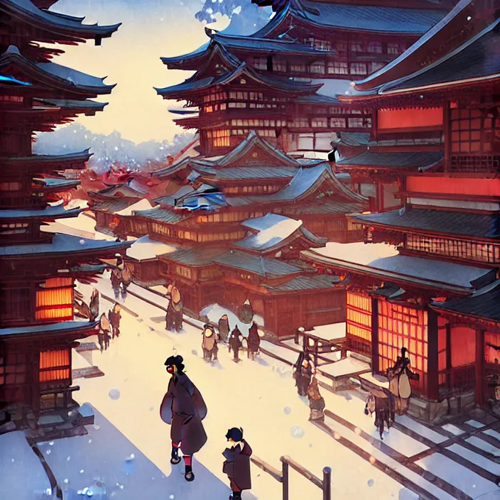 Image similar to japanese city, winter, in the style of studio ghibli, j. c. leyendecker, greg rutkowski, artem