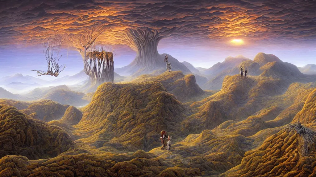 Image similar to fantasy landscape with anthropomorphic terrain in the styles of igor morski, jim warren, and rob gonsalves, intricate, hyperrealistic, volumetric lighting, distinct horizon