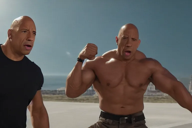 Image similar to vin diesel as dwayne johnson flexing and yelling let's go!, fast furious, low perspective, isometric perspective, cinematic still, movie still, long lens, shallow depth of field, bokeh, anamorphic lens flare, 8 k, hyper detailed, 3 5 mm film grain