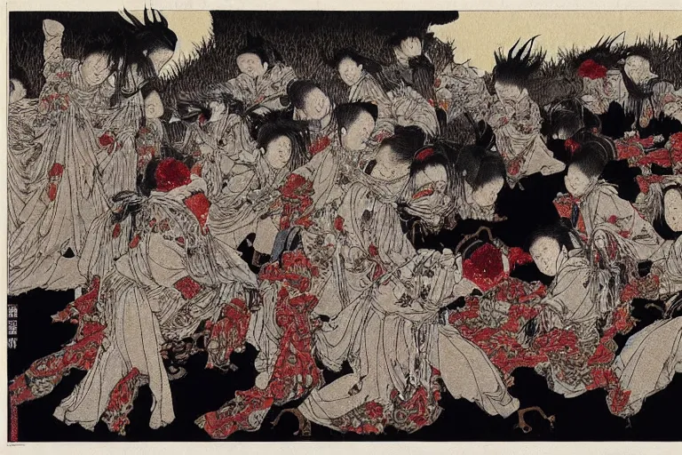 Image similar to zhongyuan festival, chinese ghost festival, the war of the dead, the evil spirits struggling in the tumbling oil pot by takato yamamoto,