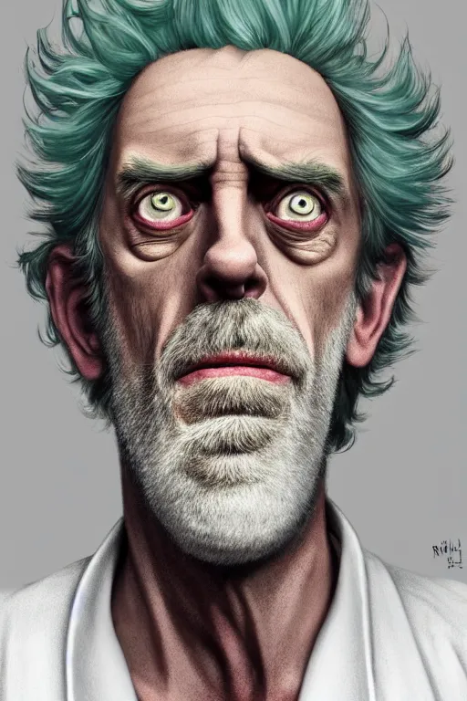 Image similar to Hugh Laurie as crazy genius Rick Sanchez from Rick and Morty, unibrow, white robe, big eyes, realistic portrait, symmetrical, highly detailed, digital painting, artstation, concept art, smooth, sharp focus, illustration, cinematic lighting, art by artgerm and greg rutkowski and alphonse mucha