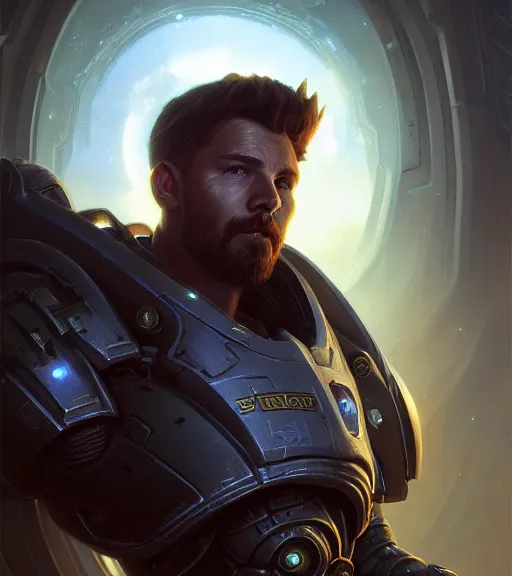 Image similar to Highly detailed portrait of Raynor from StarCraft 2, Stephen Bliss, unreal engine, fantasy art by Greg Rutkowski, Loish, Rhads, ferdinand knab, Makoto Shinkai and Lois van baarle, ilya kuvshinov, rossdraws, Tom Bagshaw, global illumination, radiant light, detailed and intricate environment