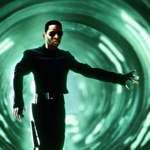 Image similar to Will Smith as Neo, film still from The Matrix, detailed, 4k