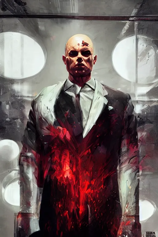 Image similar to an intricate and expressive full body portrait of agent 4 7 from hitman in a research lab full of clones, dark background, red rim light, highly detailed, digital art, artstation, concept art by giger stalenhag