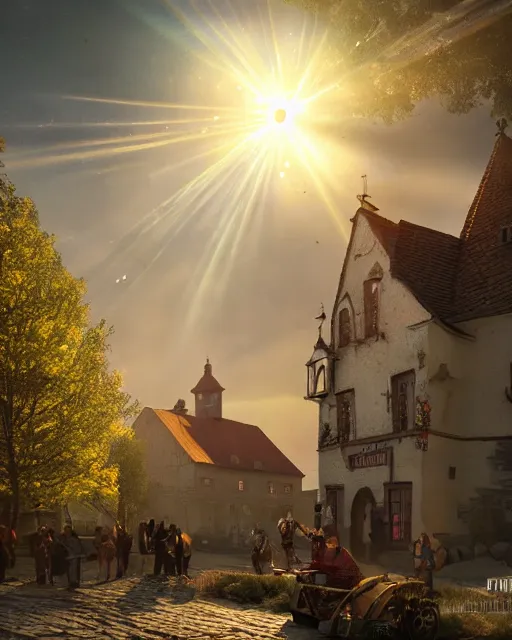 Image similar to ufo landing in polish medieval village, ultra realistic, lens flare, atmosphere, glow, detailed, intricate, full of colour, cinematic lighting, trending on artstation, 4 k, hyperrealistic, focused, extreme details, cinematic, masterpiece