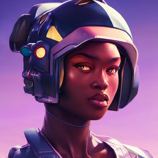 Image similar to portrait cartoon manga anime render of a strikingly gorgeous nigerian 👩🏿, wearing an intricate gundam pilot helmet, rossdraws, artgerm, norman rockwell, emiliano ponzi, epic composition, hd, octane, unreal engine, volumetric lighting, light rays, masterpiece, award - winning